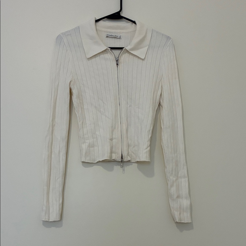 Abercrombie & Fitch White Ribbed Zip-Up Cardigan